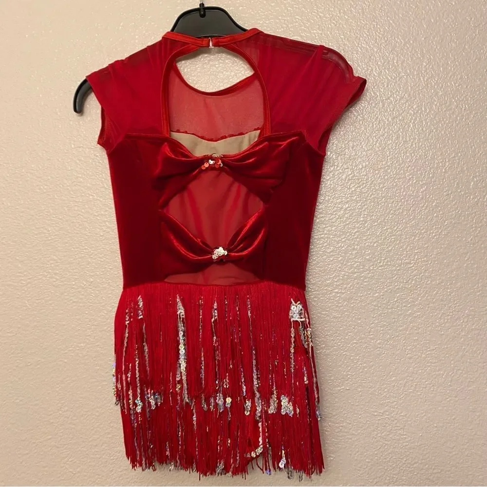 Weissman Dance costume red bling fringe velvet dress Could Have Been Me 14906 MC